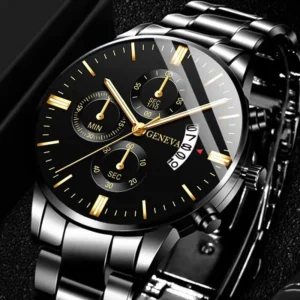 Luxury black Geneva wristwatch with gold accents on a black background.