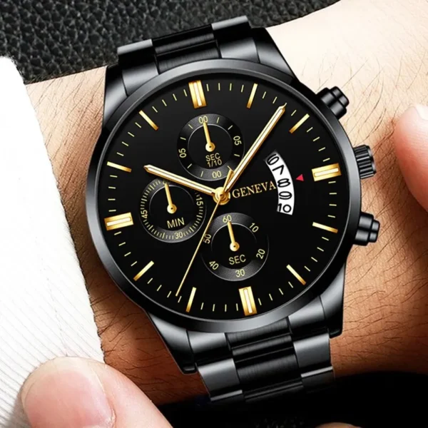 Black and gold Geneva wristwatch with chronograph on a man's wrist.