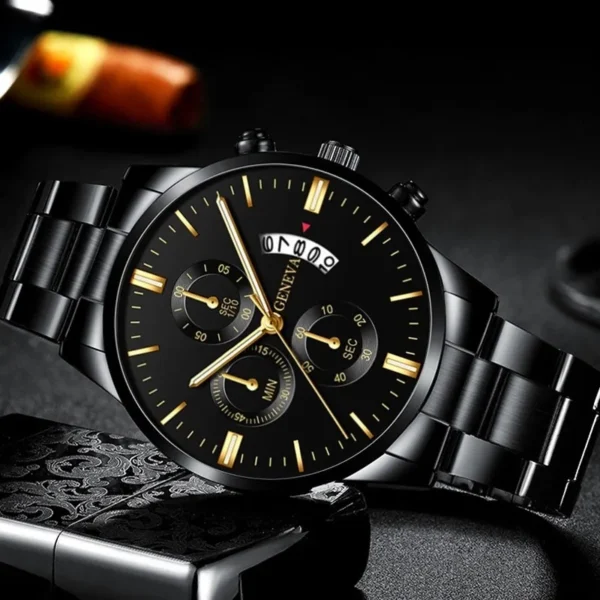 Elegant black and gold Geneva wristwatch with chronograph features.